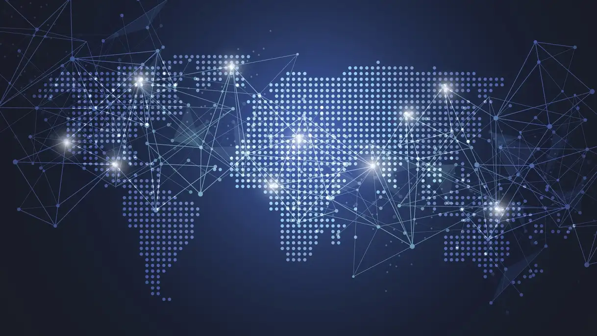 This image depicts a stylized, digital representation of a world map with interconnected dots and lines, symbolizing global communication networks on a dark background.