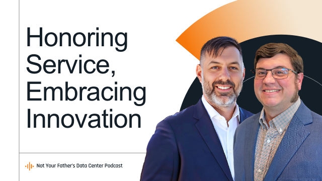 Featured image for Veteran Stories episode: Two smiling people in professional attire are overlayed on a graphic promoting a podcast titled "Honoring Service, Embracing Innovation," with a modern design.