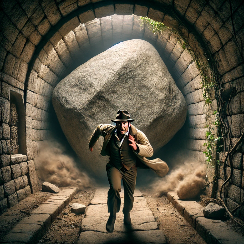 The image shows an adventurer running through a stone tunnel, chased closely by a massive rolling boulder, evoking a classic action scene.